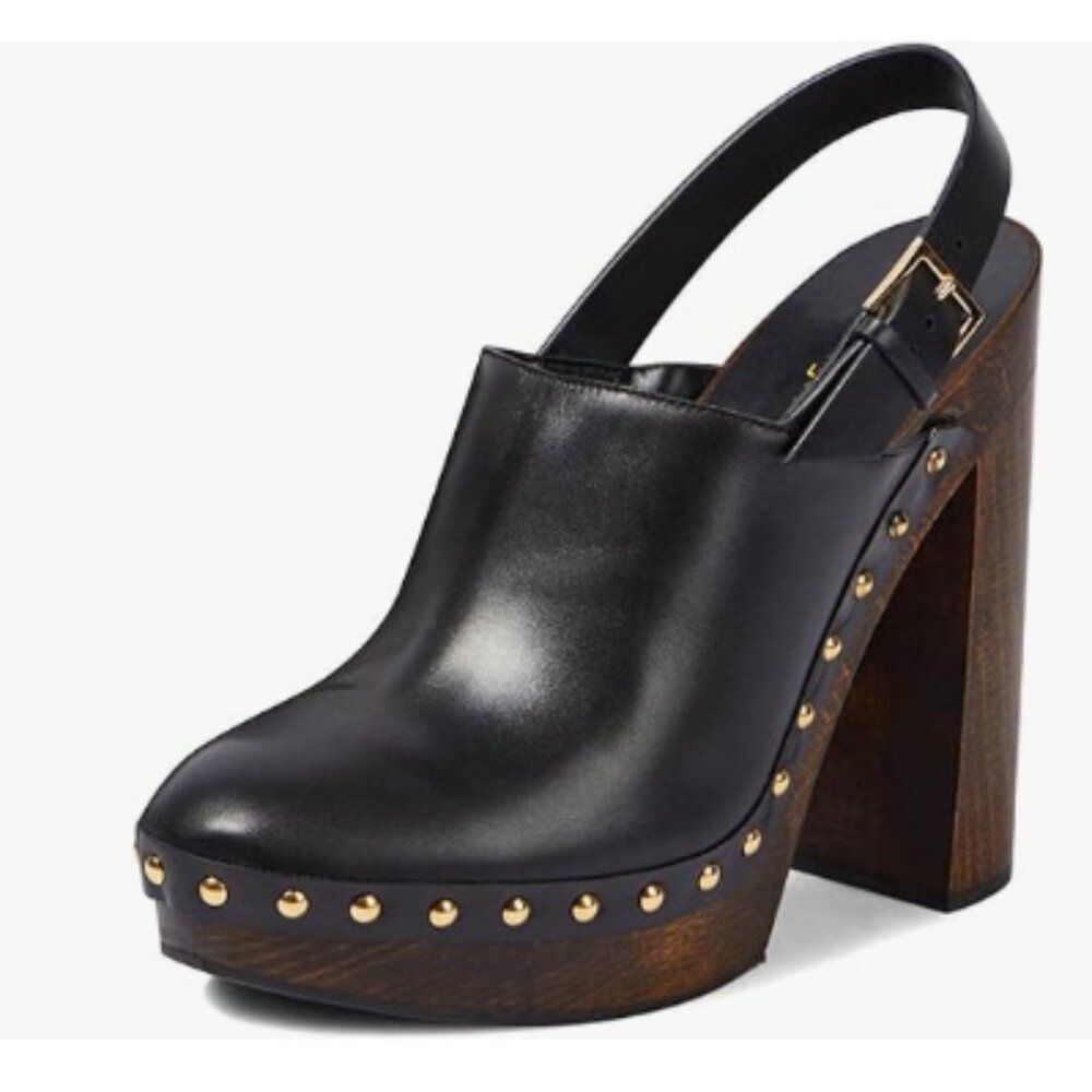 Black Leather Studded Platform Slingback Heels